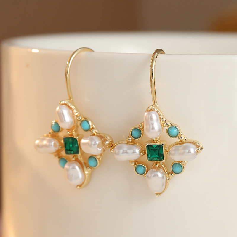 Vintage Luxury Ear Studs with Plated Green Ear Hooks